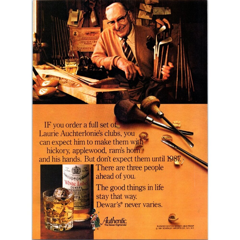 1981 Dewars Scotch Carving Chisels Golf Clubs Woodshop Vintage Print Ad Wall Art